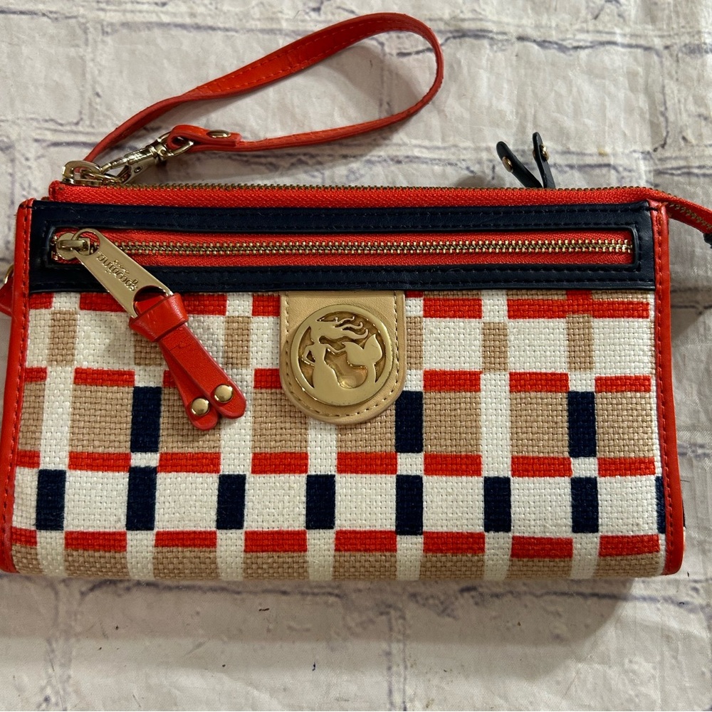 SPARTINA MERMAID DAUFUSKI WRISTLET WALLET NATURAL LINEN NAVY/RED PLAID